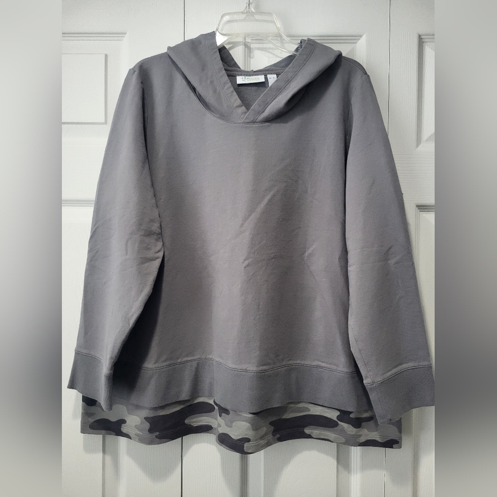 Denim&Co Gray Hoodie with Camouflage Hem, XL